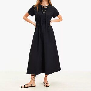 Poplin Lace Up Midi Pocket Dress